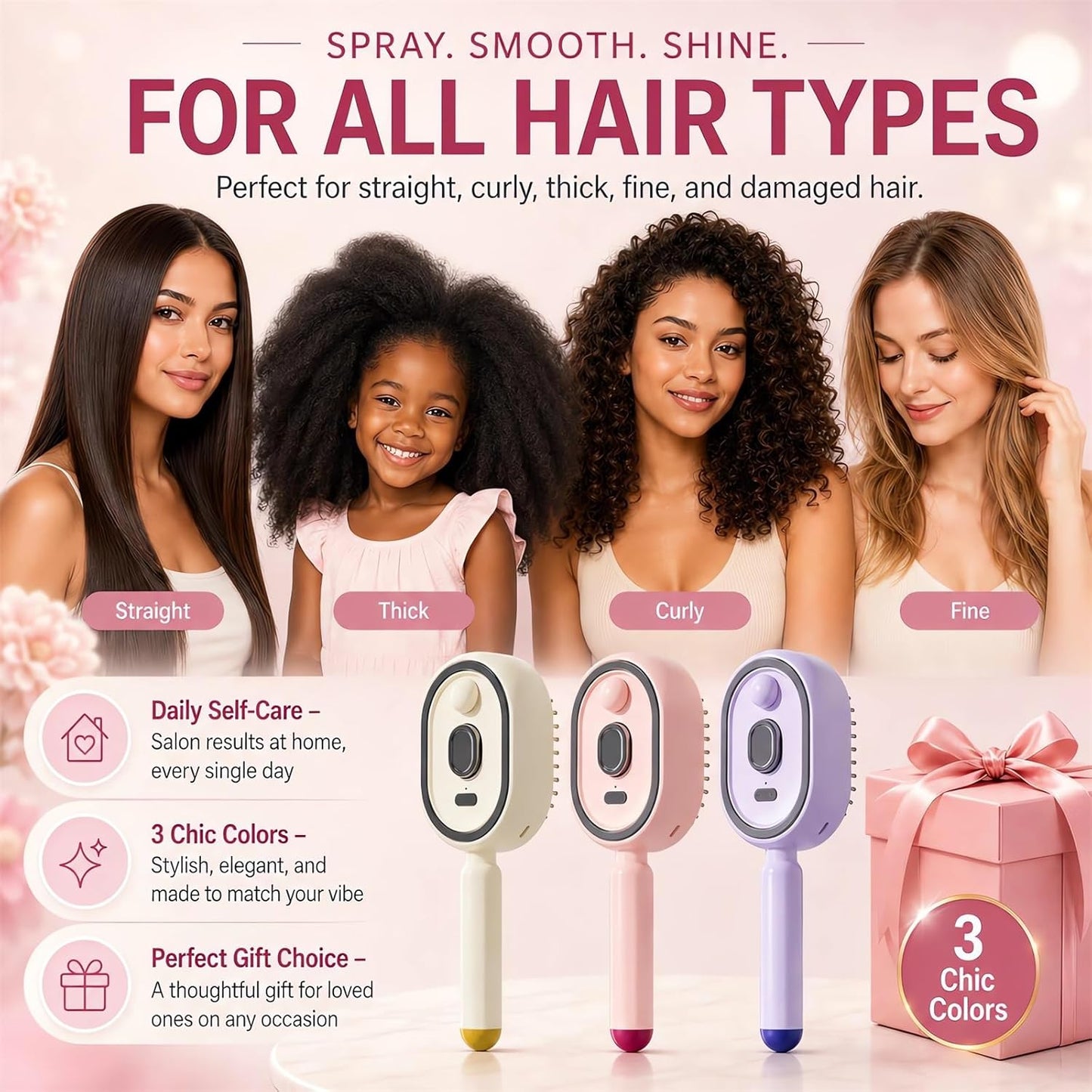 2026 All in One Misting Aqua Detangler Brush Electric Spray Air Cushion Massage Comb Self-Clean Liquid Water Mister Spray Bottle Hair Brush Scalp Oil Applicator Steam Wet Curly Wavy Hairbrush (Pink)
