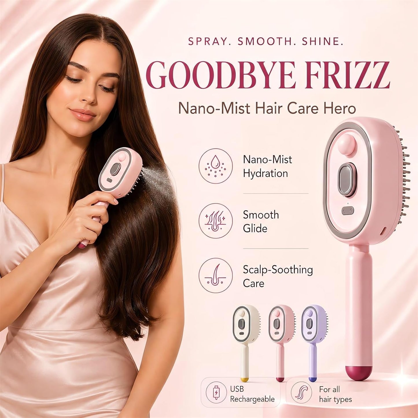 2026 All in One Misting Aqua Detangler Brush Electric Spray Air Cushion Massage Comb Self-Clean Liquid Water Mister Spray Bottle Hair Brush Scalp Oil Applicator Steam Wet Curly Wavy Hairbrush (Pink)