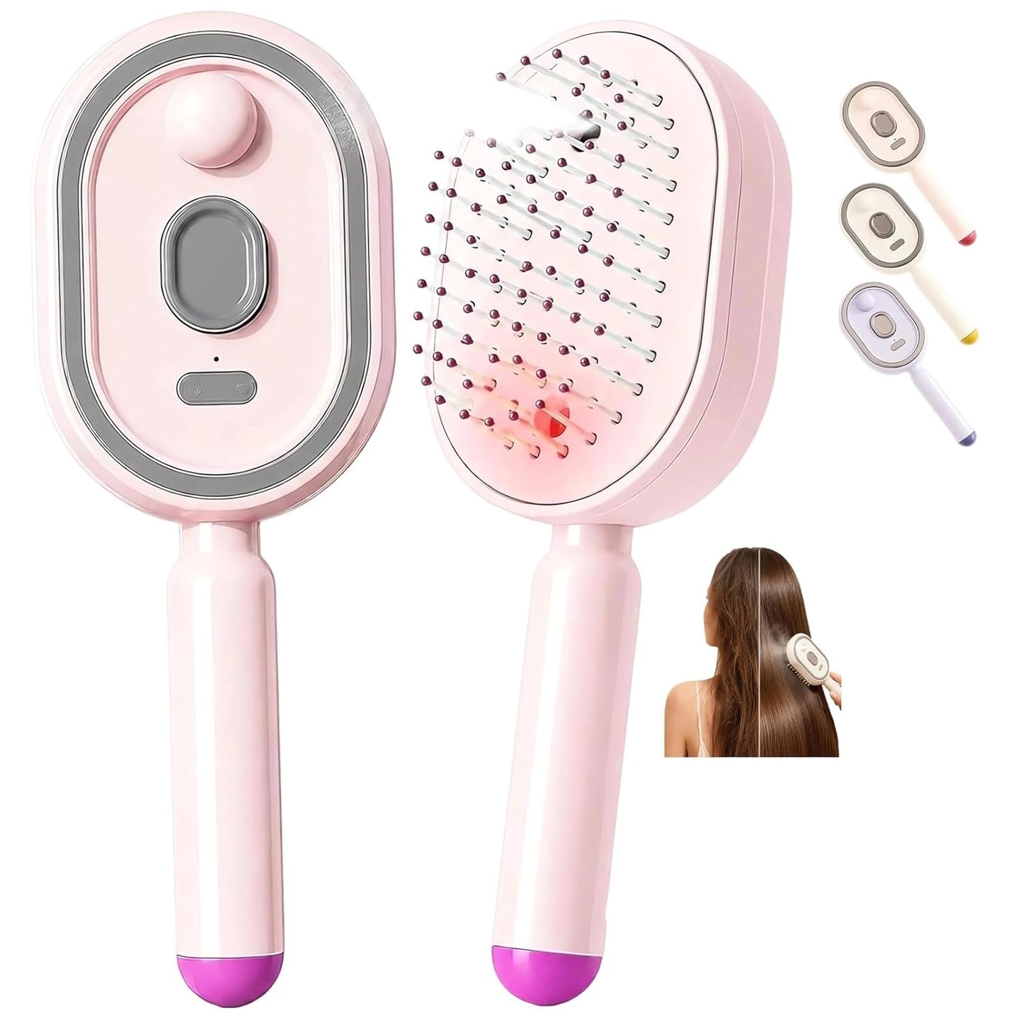 2026 All in One Misting Aqua Detangler Brush Electric Spray Air Cushion Massage Comb Self-Clean Liquid Water Mister Spray Bottle Hair Brush Scalp Oil Applicator Steam Wet Curly Wavy Hairbrush (Pink)