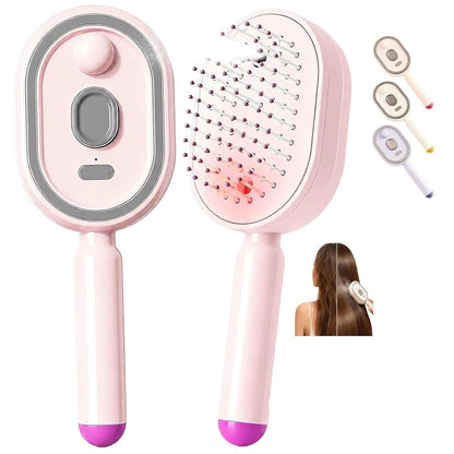 2026 All in One Misting Aqua Detangler Brush Electric Spray Air Cushion Massage Comb Self-Clean Liquid Water Mister Spray Bottle Hair Brush Scalp Oil Applicator Steam Wet Curly Wavy Hairbrush (Pink)